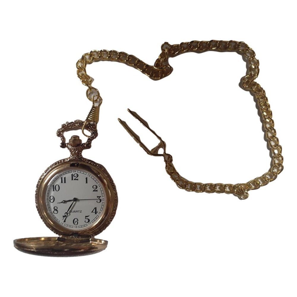 Gold Tone Pocket Watch With Watch Chain